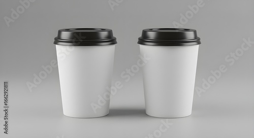 Two white paper coffee cups with black lids on a gray background mockup