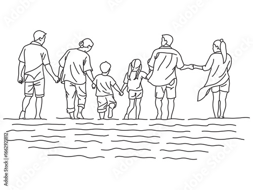 Happy and big family walking on beach on summer vacation, grandparents,a husband and wife and their son, they are chatting together, they are very happy.Hand drawn style vector illustration design.