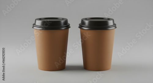 Two takeaway coffee cups with black lids isolated on a gray background