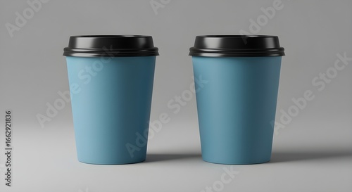 Two Blue Coffee Cups with Black Lids on a Neutral Gray Background