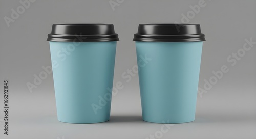 Two Blue Light Coffee Cups with Black Lids on a Gray Background