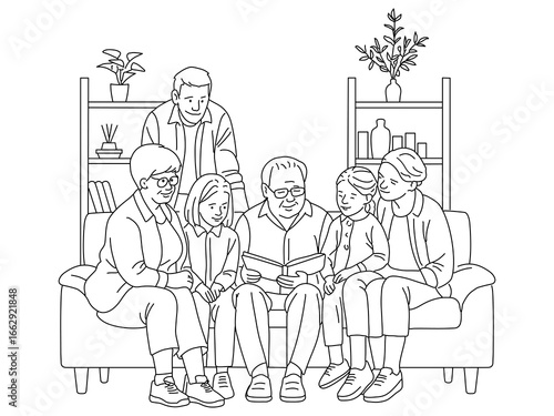 Big family on sofa in living room of home together read a book for bonding or visit. Happy, hug or relax with senior people, parents and sibling children . Hand drawn style vector illustration design.