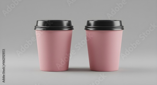 Two pink coffee cups with black lids on a gray background mockup