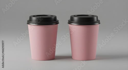 Two Pink Coffee Cups with Black Lids on a Light Gray Background