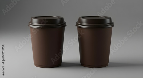 Two takeaway coffee cups with lids on a grey background studio shot