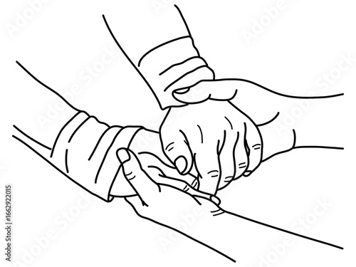 Hand holding elder hand ,hold hands with kindness,hold hands with palliative care, Old age care. Family bonding. encouragement,  medical treatment concept, Hand drawn line Vector illustration
