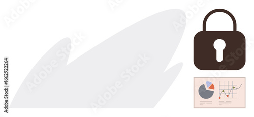 Lock icon representing security placed next to a data chart with graphs and pie visuals. Ideal for cybersecurity, analytics, privacy, protection, data, business, safety. Simple flat metaphor