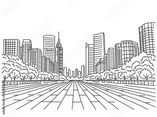 Hand line drawing of monochrome urban landscape.City skyscrapers and buildings. Cityscape with office buildings, trees.The concept of a modern environmentally friendly city.Vector illustration.
