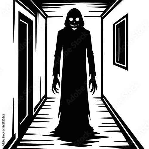 Creepy Shadow Figure with Glowing Eyes and Grin in a Dark Hallway Illustration