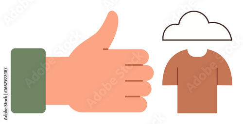 Hand giving thumbs-up next to brown shirt under a cloud shape. Ideal for approval, recommendation, cloud storage, sustainability, fashion, technology, simple flat metaphor