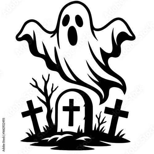 Spooky Ghost Over Graveyard Vector - Classic Halloween Scene and Design