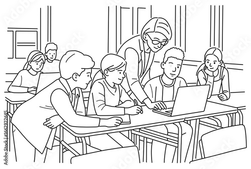 Hand drawn line of classroom,Teacher and students in the classroom,Female teacher teaching to students in the classroom,Using notebook computer,Vector illustration of children education