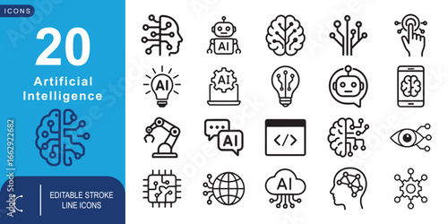 Artificial Intelligence Line Icons – AI Brain, Microchip, Chat, Globe, Lightbulb, Robot, Computer Language, Big Data, AI Assistant, Smart Technology, and etc. Vector illustration