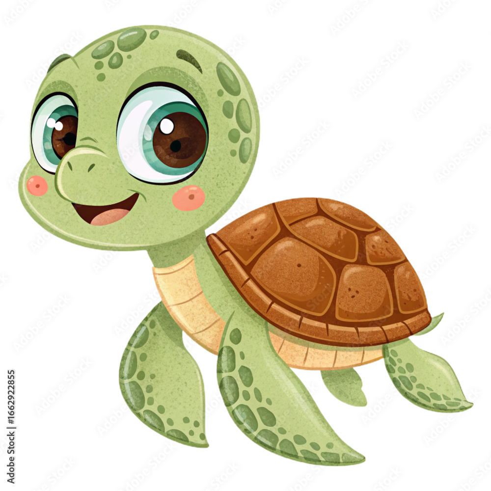 Obraz premium Cute cartoon turtle with big eyes on transparent background for kids books, stickers, children’s educational posters and fun illustrations