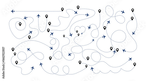 Set of airplane dotted line paths with flight routes, travel map pins and aircraft tracking icons.