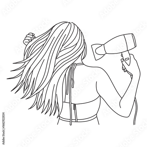 Haired woman dries her hair with a hair dryer,Woman holding hairdryer with diffuser to blow and dry strands,Woman hair care dryer,Hand drawn line drawing vector illustration