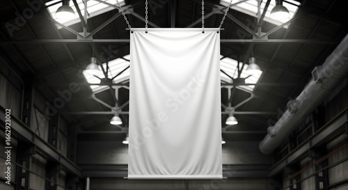 Blank banner hanging in a warehouse setting, perfect for advertisements and announcements