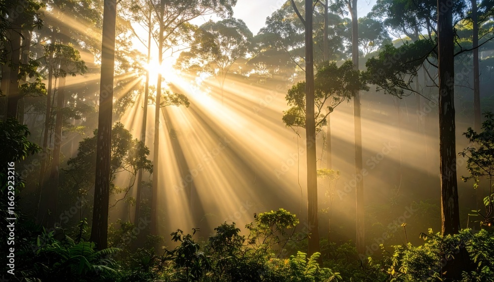 Obraz premium Sunlight filters through a misty forest path, illuminating the trees with morning sunbeams