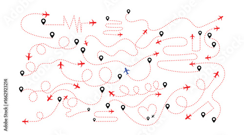Airplane dotted route line set. Path travel line shapes. Flight route with start point and dash line trace for plane
