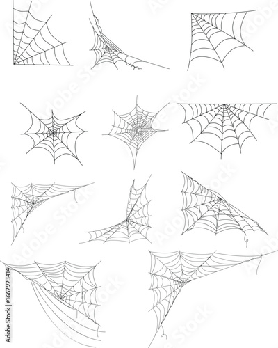 
Spider Web and Spider Silhouette Vector Collection Halloween Set. Black cobweb corner decorations and spiders for Halloween design, horror graphics and spooky themed illustrations