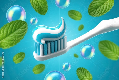 Toothpaste being squeezed onto a toothbrush. Blue toothpaste on toothbrush with white bristles