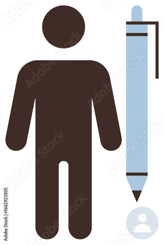 Simplified human figure standing beside a giant pen symbolizing creativity, writing, expression, responsibility, documentation, productivity, and individuality. Ideal for education, work projects