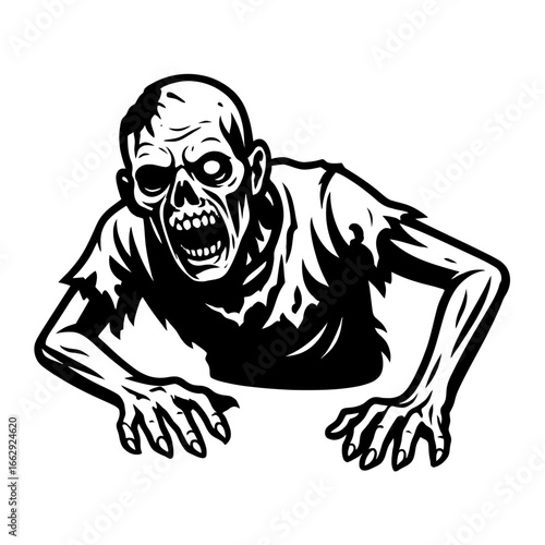 A horrifying zombie with torn clothes, crawling forward and reaching out, a classic vector illustration for Halloween and horror designs.