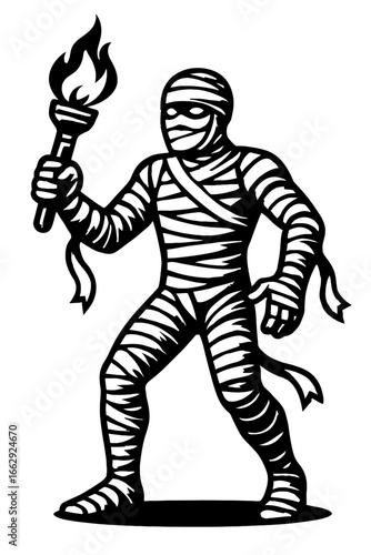 A classic mummy monster holding a flaming torch, a vintage style vector illustration for Halloween and spooky designs.
