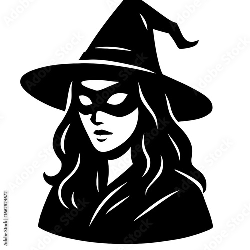 A mysterious and beautiful woman in a witch hat and mask, a stylish vector illustration for Halloween, magic, and fantasy designs.