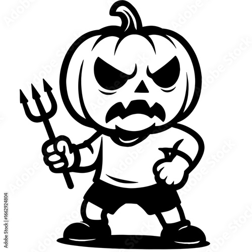 An angry pumpkin character holding a trident, a menacing and fun vector illustration for Halloween and autumn themes.