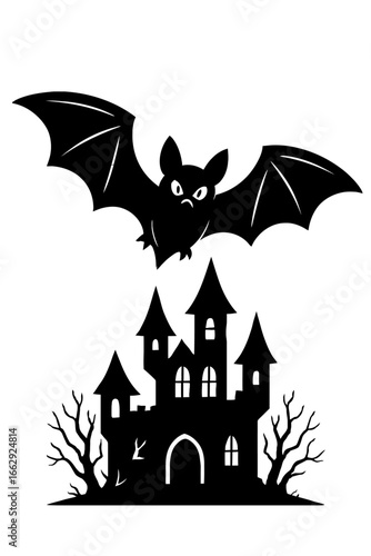 A spooky haunted castle with a flying bat, a dark and eerie vector illustration for Halloween and fantasy themes.