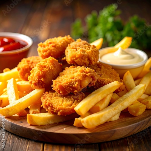 Crispy fried chicken and fries with dipping sauces