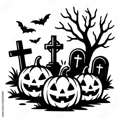 Jack-o-Lanterns in a Graveyard with Bats and Tombstones - Halloween Vector