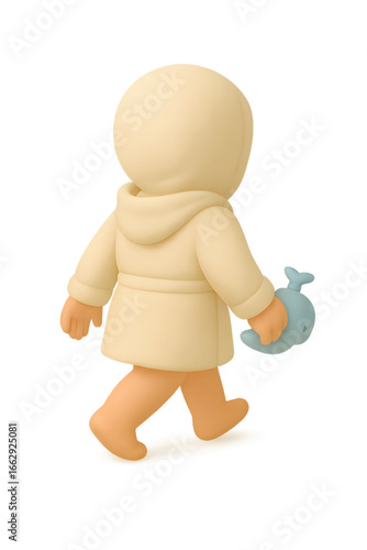 Toddler in cream robe walking while holding soft blue whale bath toy, 3D cartoon illustration