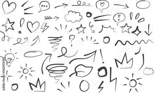 hand drawn brush Line marker arrow element set. Hand drawn line heart, crown, star symbol highlight marker shape. Sketch pencil stroke vector graphic pen underline scribble icon.