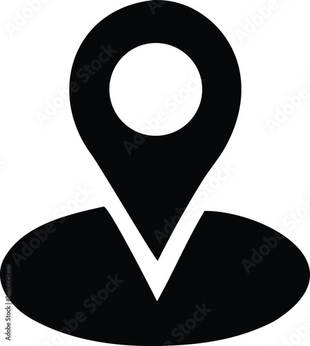 Simple black location pin icon with circular dot and oval base represents navigation and geo-location services for digital apps and websites