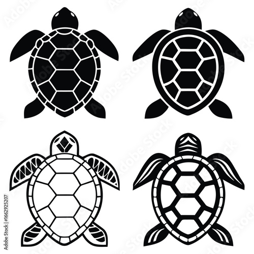 Four stylized sea turtle silhouettes and outlines nautical marine life designs 