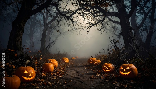 Spooky Halloween path lined with jack-o'-lanterns