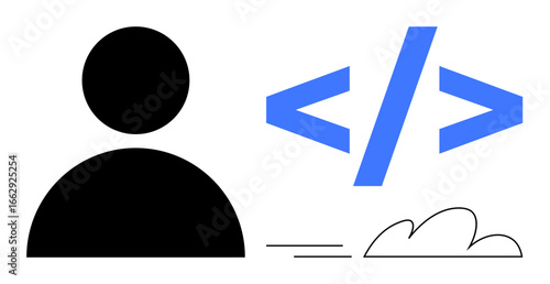 User icon next to coding brackets and a cloud. Ideal for programming, user interface, technology, cloud computing, innovation, digital transformation, education. Clean simple flat metaphor