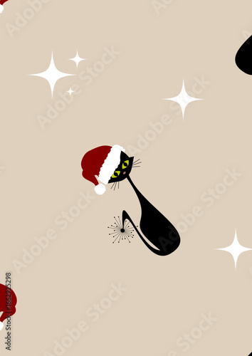 Christmas Cat Seamless Pattern Retro Background Atomic Age Black Cat Repeating Design Mid Century Modern Digital Wrapping Paper Print Fabric Textile Design