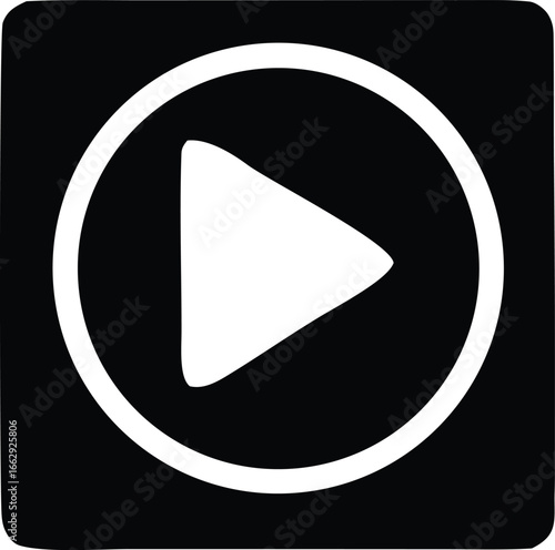 Simple white play button icon inside a white circle set against a solid black square background for media playback and control.