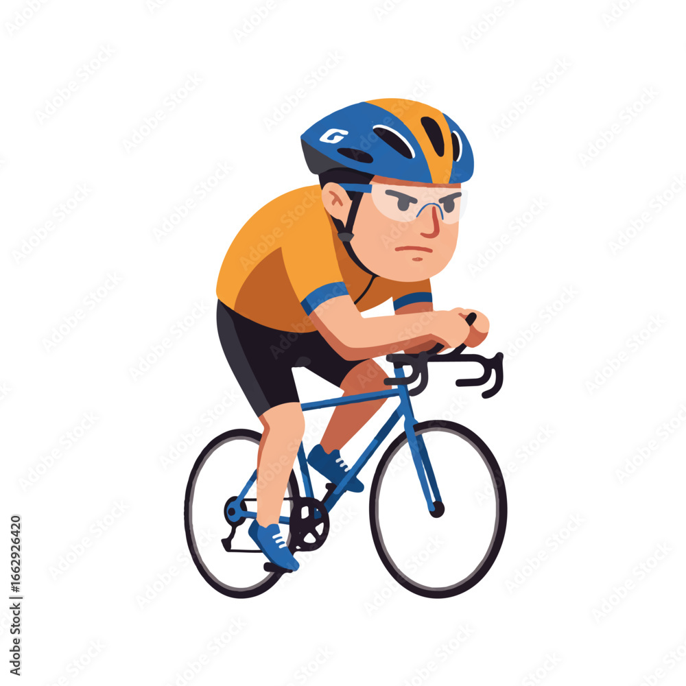 Fototapeta premium Determined mascot cyclist with an aerodynamic helmet is showcased in a compelling low-angle 2D flat vector illustration, featuring a minimalist solid-color style on a clean white background.