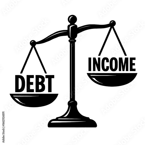 A balance scale weighing "DEBT" heavier than "INCOME," symbolizing financial imbalance