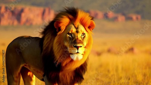 Majestic lion standing in the savannah with sunset backdrop  