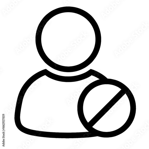 Vector graphic of a user profile with a ban or block sign, symbolizing restricted access, account suspension, or online privacy.