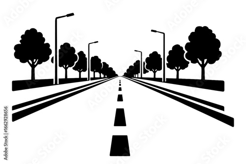 Road with Trees and Street Lights - Perspective Vector