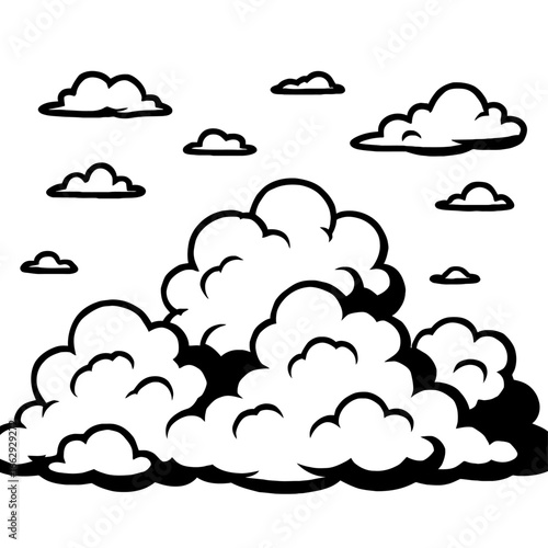 Clouds Group Vector - Hand Drawn Black and White Puffy Sky Clouds