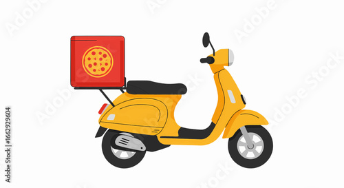 Vibrant yellow scooter with a red delivery box, ready to transport hot food quickly through city streets