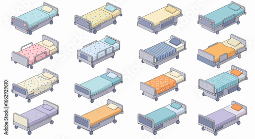 Isometric beds in a hospital ward a collection of isolated health care equipment