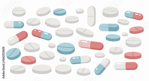 Collection of assorted pharmaceutical pills and capsules, white, blue and red color, on white background